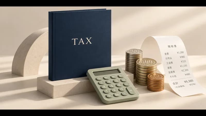 TAX と書かれた本、電卓、日本の硬貨とレシート